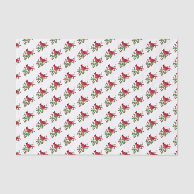 Red Cardinal with Holly Branch Christmas Pattern Tissue Paper (Front)