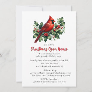 Red Cardinal with Holly Christmas  Open House  Invitation