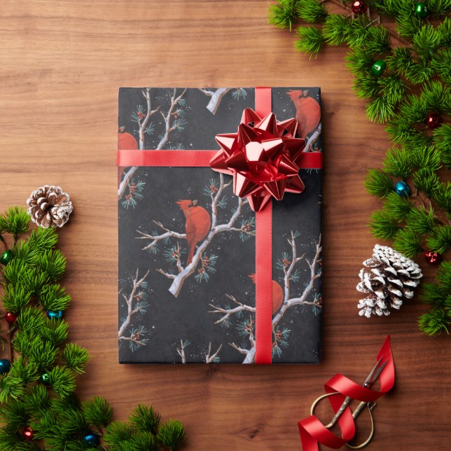 Red Cardinal with Winter Red Berries Wrapping Paper (Holiday Gift)