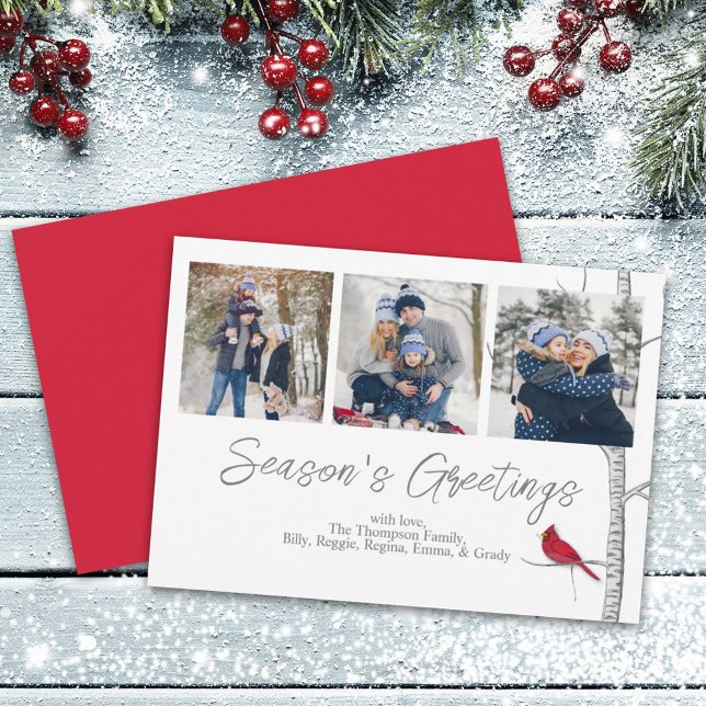 Red Cardinal Woodland Winter Tree Multi 3 Photo Holiday Card (Creator Uploaded)