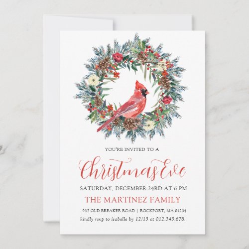 Red Cardinal Wreath Christmas Eve Party Invitation