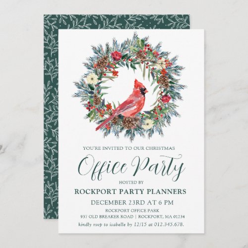 Red Cardinal Wreath Christmas Office Party Invitation