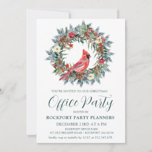 Red Cardinal Wreath Christmas Office Party Invitation