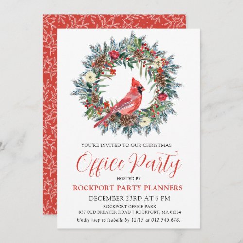 Red Cardinal Wreath Christmas Office Party Invitation