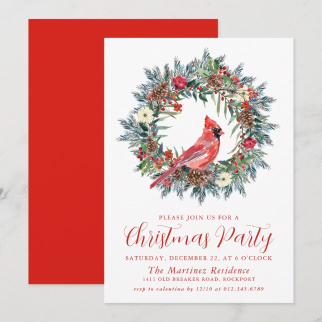 Red Cardinal Wreath Christmas Party Invitation (Front/Back)