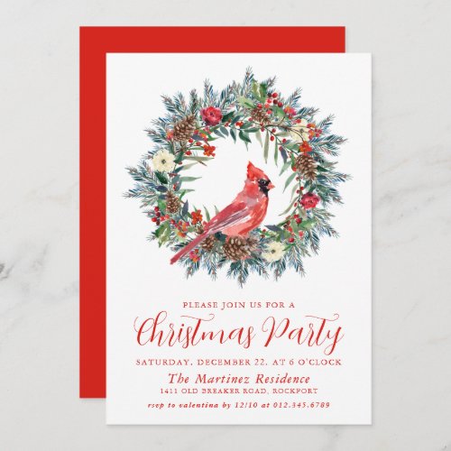 Red Cardinal Wreath Christmas Party Invitation