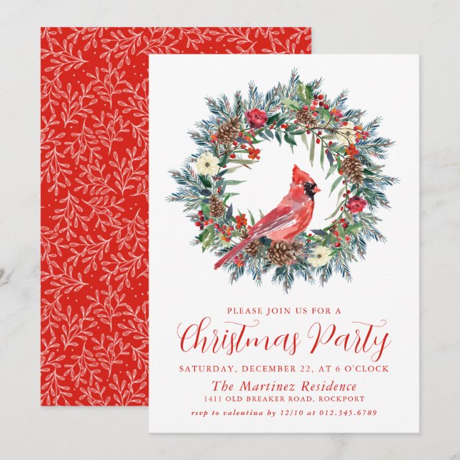 Red Cardinal Wreath Christmas Party Invitation (Front/Back)
