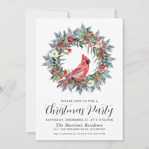 Red Cardinal Wreath Christmas Party Invitation