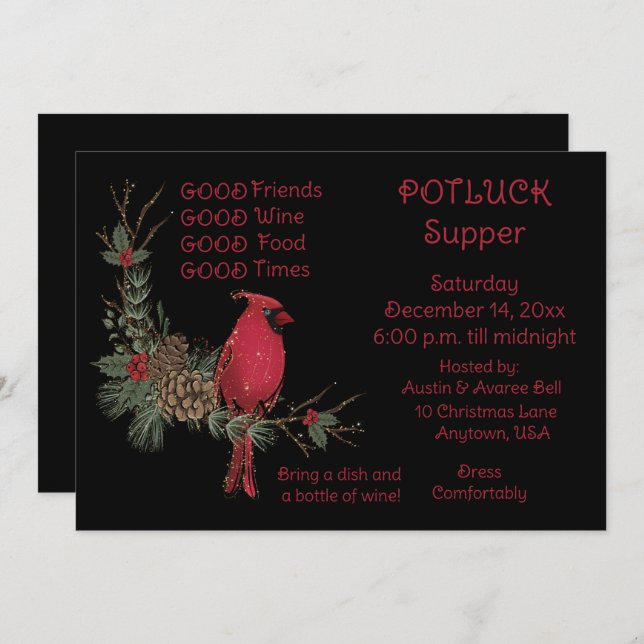 Red Cardinal Wreath Christmas Pot Luck Supper  Invitation (Front/Back)
