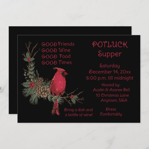 Red Cardinal Wreath Christmas Pot Luck Supper  Invitation