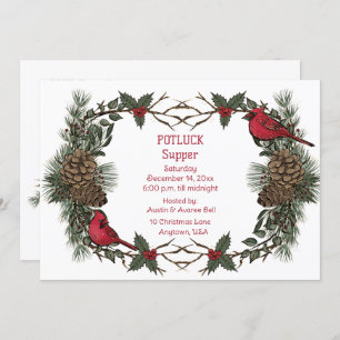 Red Cardinal Wreath Christmas Pot Luck Supper Invitation