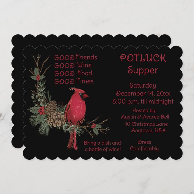 Red Cardinal Wreath Christmas Pot Luck Supper  Invitation (Front/Back)