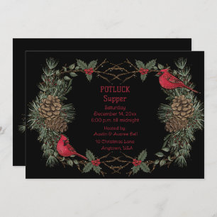 Red Cardinal Wreath Christmas Pot Luck Supper  Invitation