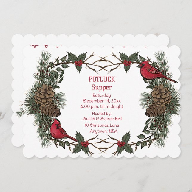 Red Cardinal Wreath Christmas Pot Luck Supper Invitation (Front/Back)