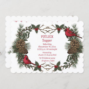 Red Cardinal Wreath Christmas Pot Luck Supper Invitation