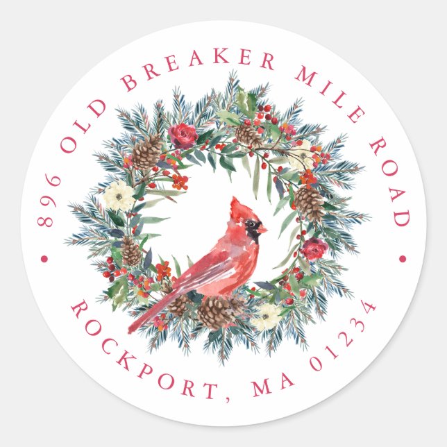 Red Cardinal Wreath Christmas Return Address Label (Front)