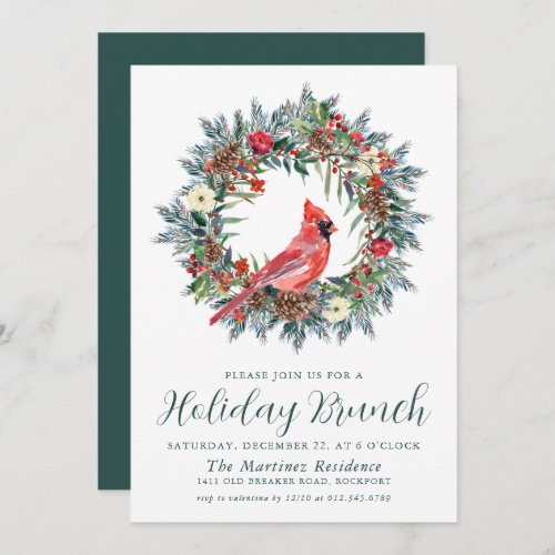 Red Cardinal Wreath Holiday Brunch Invitation