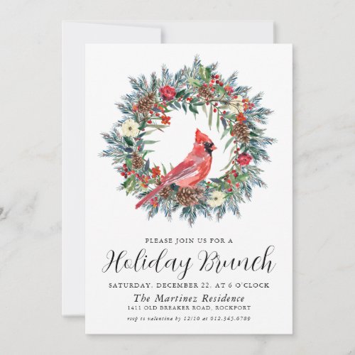 Red Cardinal Wreath Holiday Brunch Invitation