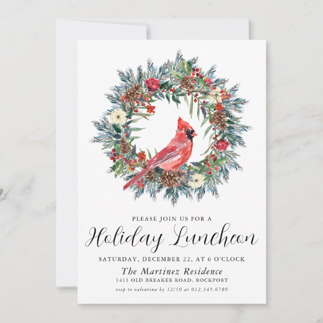 Red Cardinal Wreath Holiday Luncheon Invitation (Front)