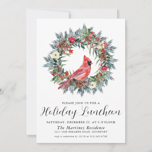 Red Cardinal Wreath Holiday Luncheon Invitation