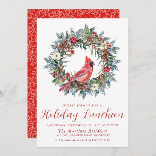 Red Cardinal Wreath Holiday Luncheon Invitation