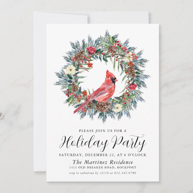 Red Cardinal Wreath Holiday Party Invitation (Front)