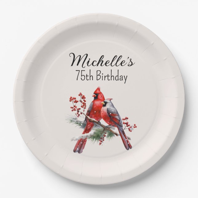 Red Cardinals 75th Birthday  Paper Plates (Front)