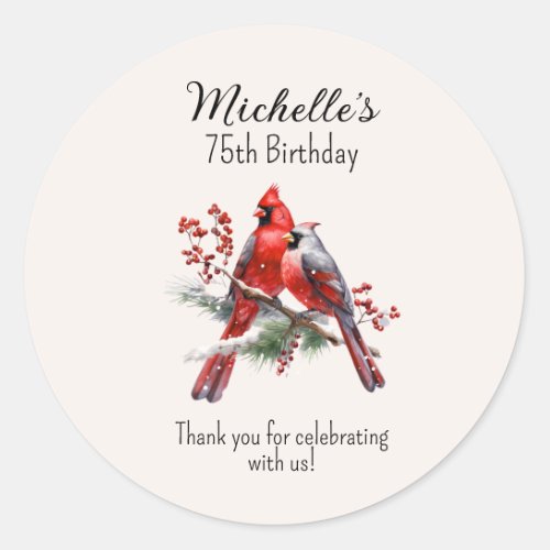 Red Cardinals 75th Birthday Thank You Classic Round Sticker