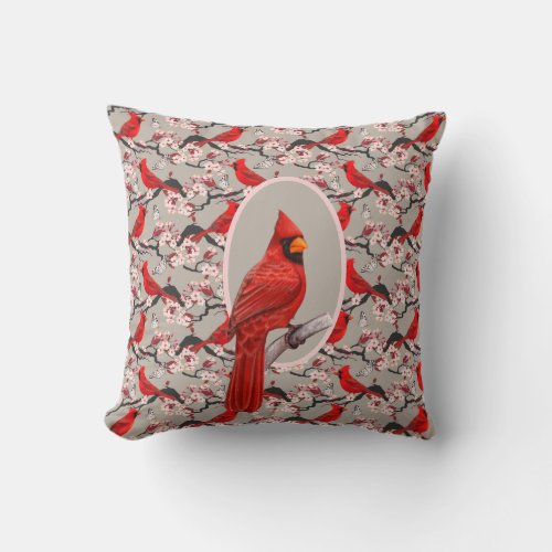 Red Cardinals And Cherry Blossoms Throw Pillow