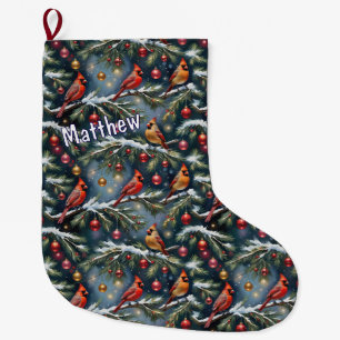 Red Cardinals and Christmas Ornaments Large Christmas Stocking