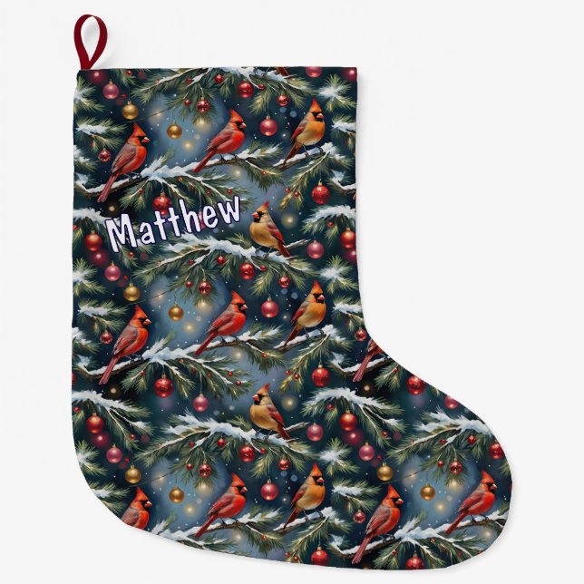 Red Cardinals and Christmas Ornaments Large Christmas Stocking (Front)