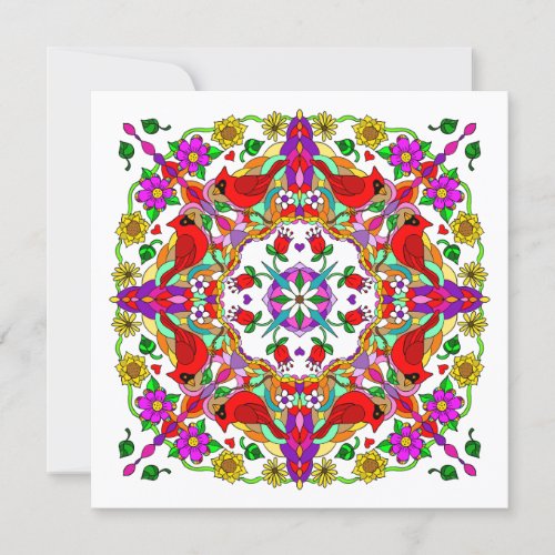 Red Cardinals and Colorful Flowers Art Thank You Card