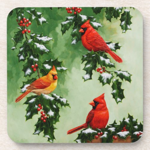 Red Cardinals and Holly Berries Beverage Coaster