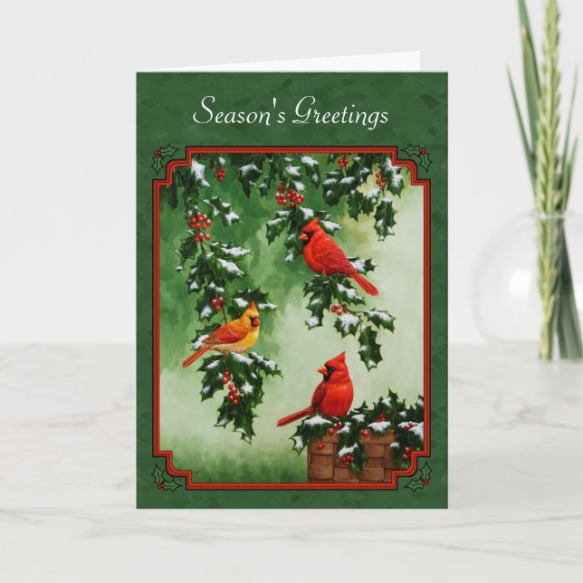 Red Cardinals and Holly Green Holiday Card (Front)
