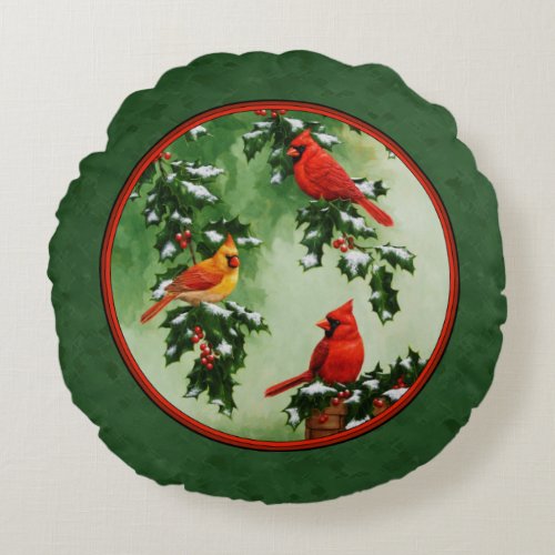 Red Cardinals and Holly Green Round Pillow