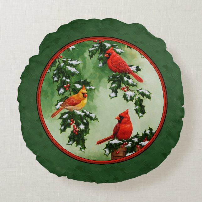 Red Cardinals and Holly Green Round Pillow (Front)