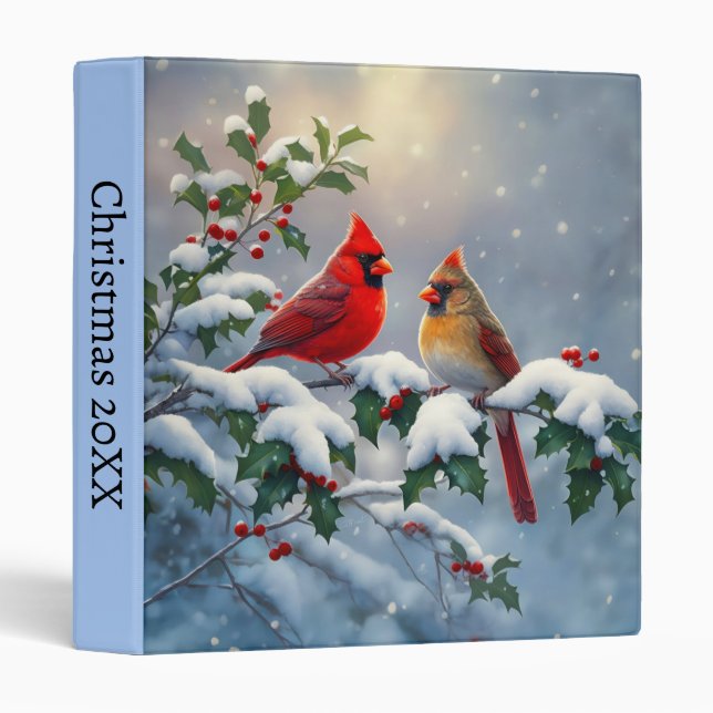 Red Cardinals and Holly in Snow 3 Ring Binder (Front/Spine)