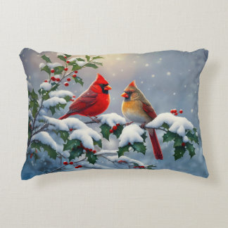 Red Cardinals and Holly in Snow Accent Pillow