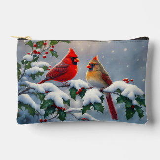 Red Cardinals and Holly in Snow Accessory Pouch