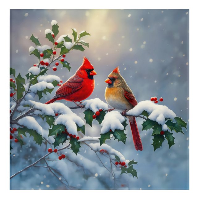 Red Cardinals and Holly in Snow Acrylic Print (Front)
