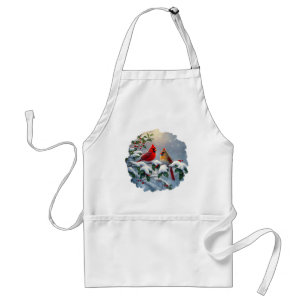 Red Cardinals and Holly in Snow Adult Apron