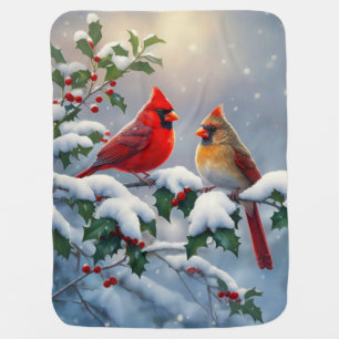 Red Cardinals and Holly in Snow Baby Blanket