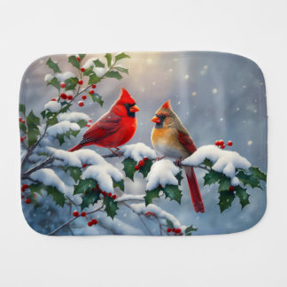 Red Cardinals and Holly in Snow Baby Burp Cloth