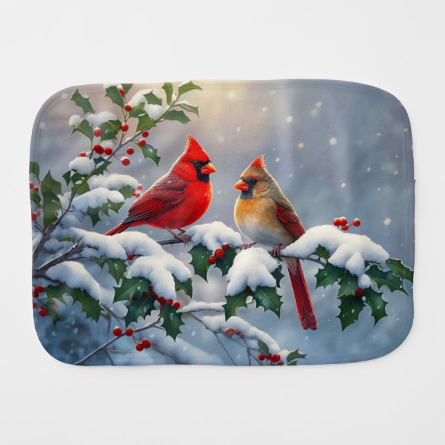 Red Cardinals and Holly in Snow Baby Burp Cloth (Front Horizontal)