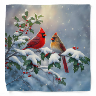 Red Cardinals and Holly in Snow Bandana