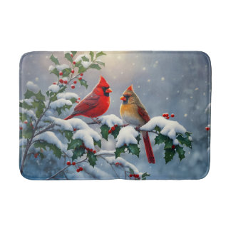 Red Cardinals and Holly in Snow Bath Mat