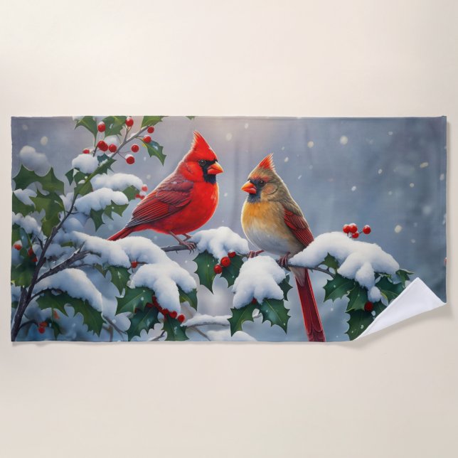 Red Cardinals and Holly in Snow Beach Towel (Front)