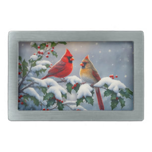 Red Cardinals and Holly in Snow Belt Buckle