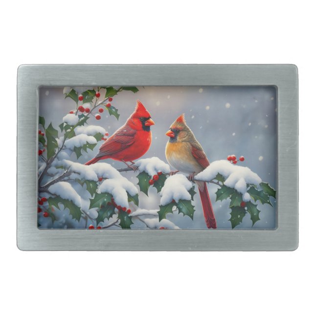 Red Cardinals and Holly in Snow Belt Buckle (Front)