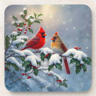 Red Cardinals and Holly in Snow Beverage Coaster